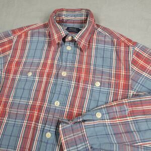 Polo Ralph Lauren Shirt Men Small Flannel Red Blue Plaid Long Sleeve Button Down